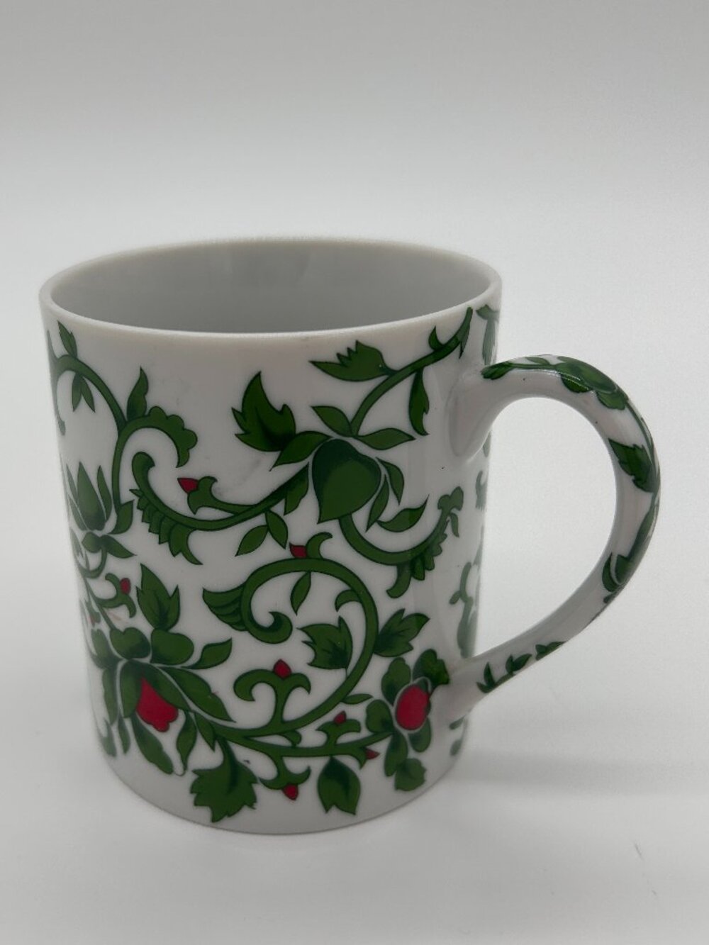 William Sonoma Ceramic Red Floral Green Vines Coffee Mug